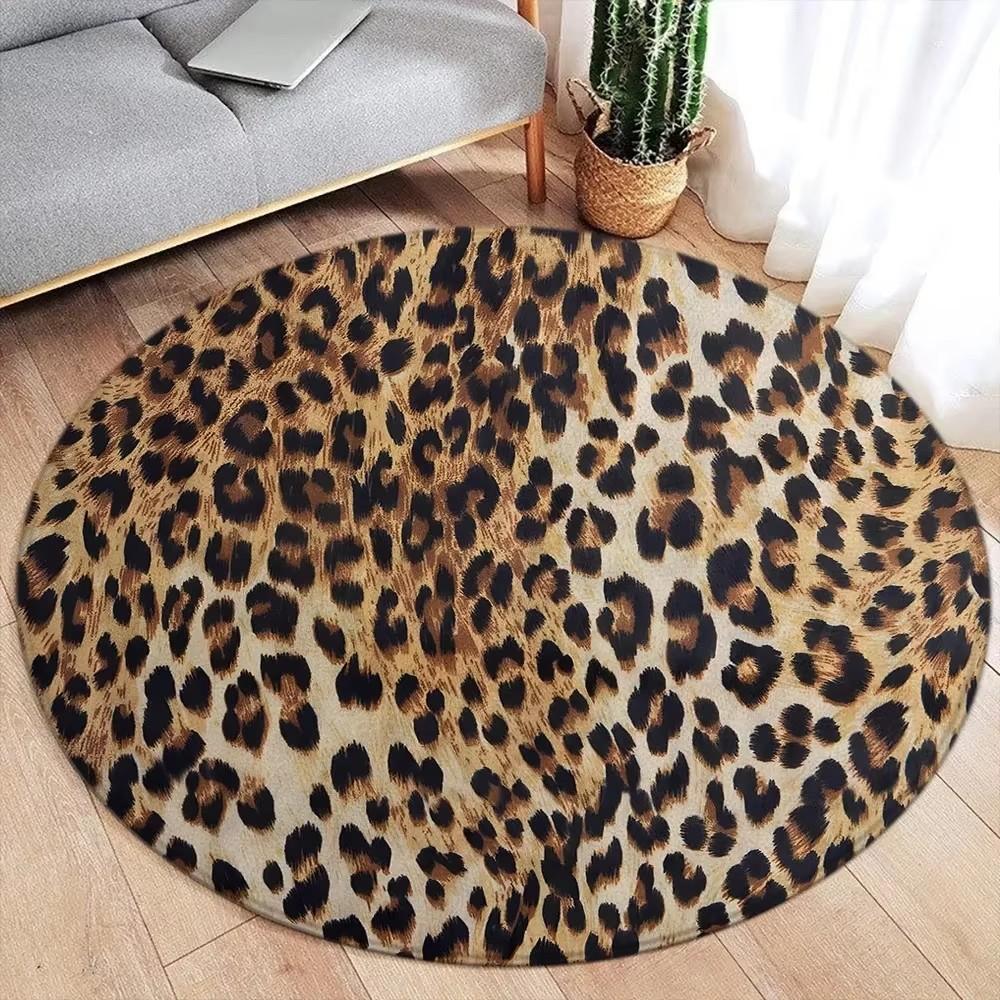 Brown Leopard Print Round Carpet Fashion Animal Fur Pattern Woman Girl Living Room Bedroom Flannel Floor Rugs Home Decorative