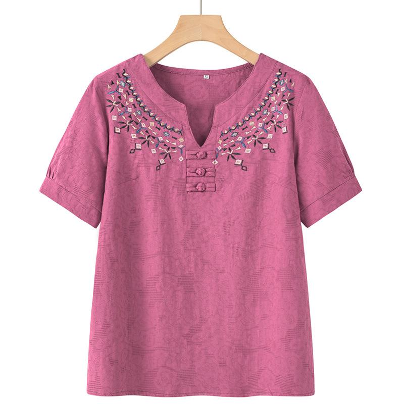 Women's Elegant Loose Casual Top Solid Color Plus Size Button Cotton Linen Short Sleeved Plus Size T-shirt