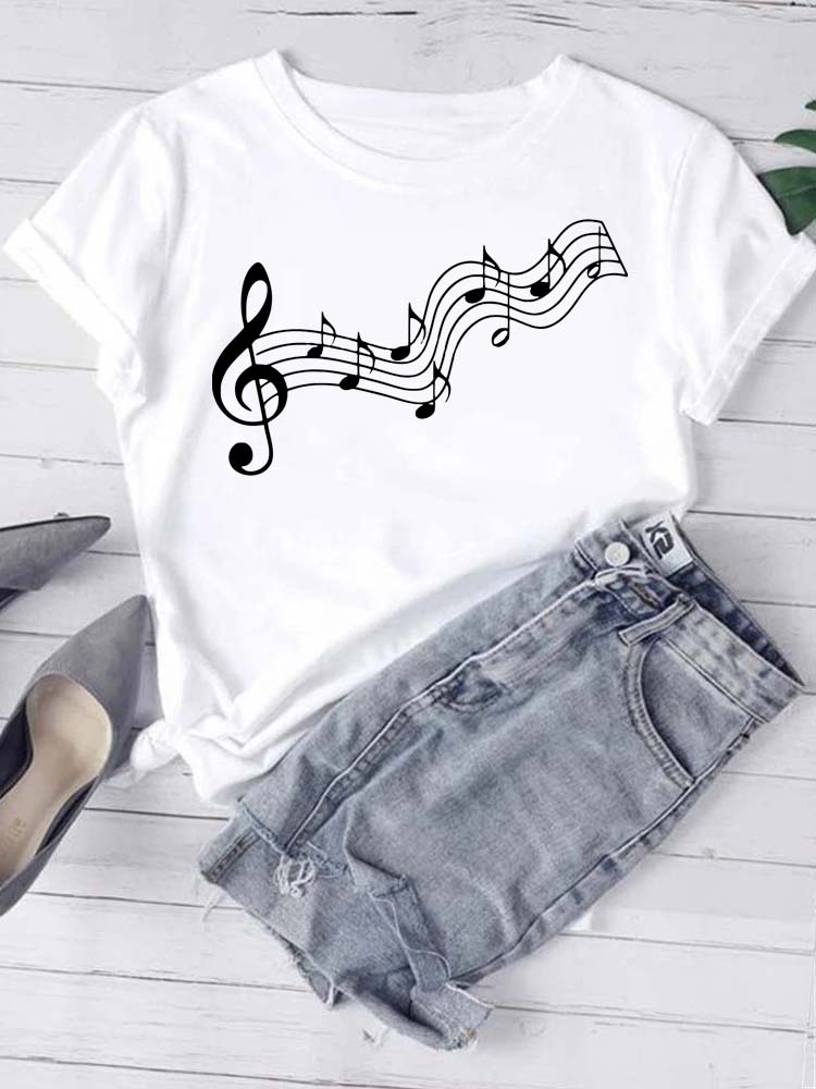 T-shirt Mode Femme Imprimé Notes de Musique T-shirt Décontracté Hauts Noirs Années 90 Dames Filles T-shirt FeUnisex Harajuku T-shirt Graphique