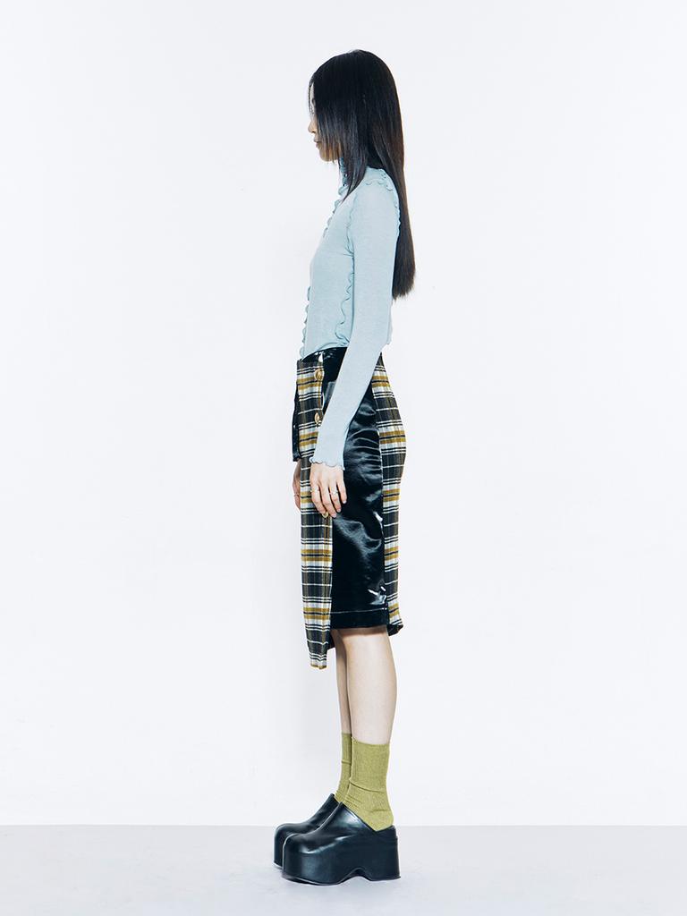 Vegan Tiger Gold Button Check Midi Skirt (Beige)