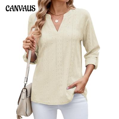 Women's Spring and Summer New Solid Colour V-neck Seven-quarter Sleeve Button Loose Top T-shirt