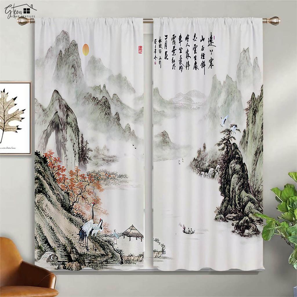 Kinesiskt landskapsmåleri 3D-tryckta gardiner Tuschmålning Kalligrafi Zen Elegant Klassisk Kanalfållsgardiner 2 stycken
