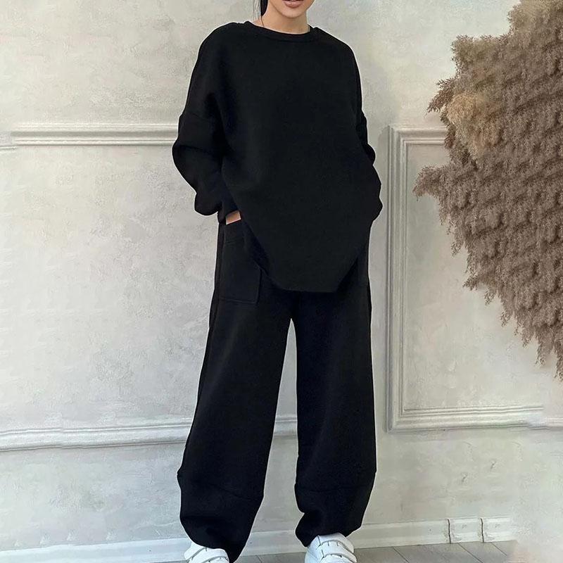 Women's Plus-Size Hoodie Set Autumn/Winter Solid Color Crewneck Sweatshirt Jogger Pants Two-Piece Set  Casual Sports Outfit