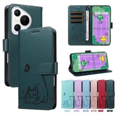 Magnetické flipové kožené pouzdro peněženka pro Huawei P8 P9 P10 P20 P30 P70 Mate 10 20 Pro Lite 2017 | Kočka Motýl a Reliéfní Design