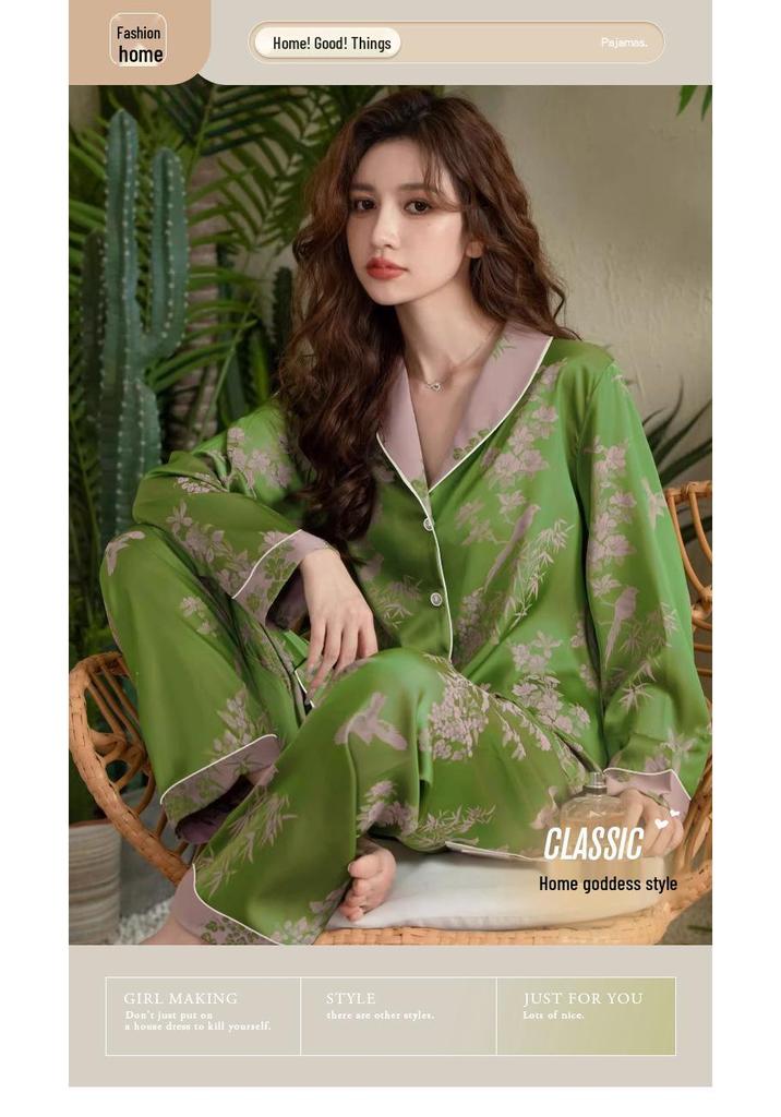 Elegant French Jacquard Ice Silk Pajamas for Women, Long Sleeve & Pants, Spring/Autumn Thin Style, Ins-Inspired Home Wear (2026 Collection)