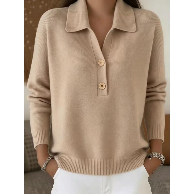 Damski sweter dzianinowy z kołnierzem, półotwarty na guziki, luźny, casualowy top