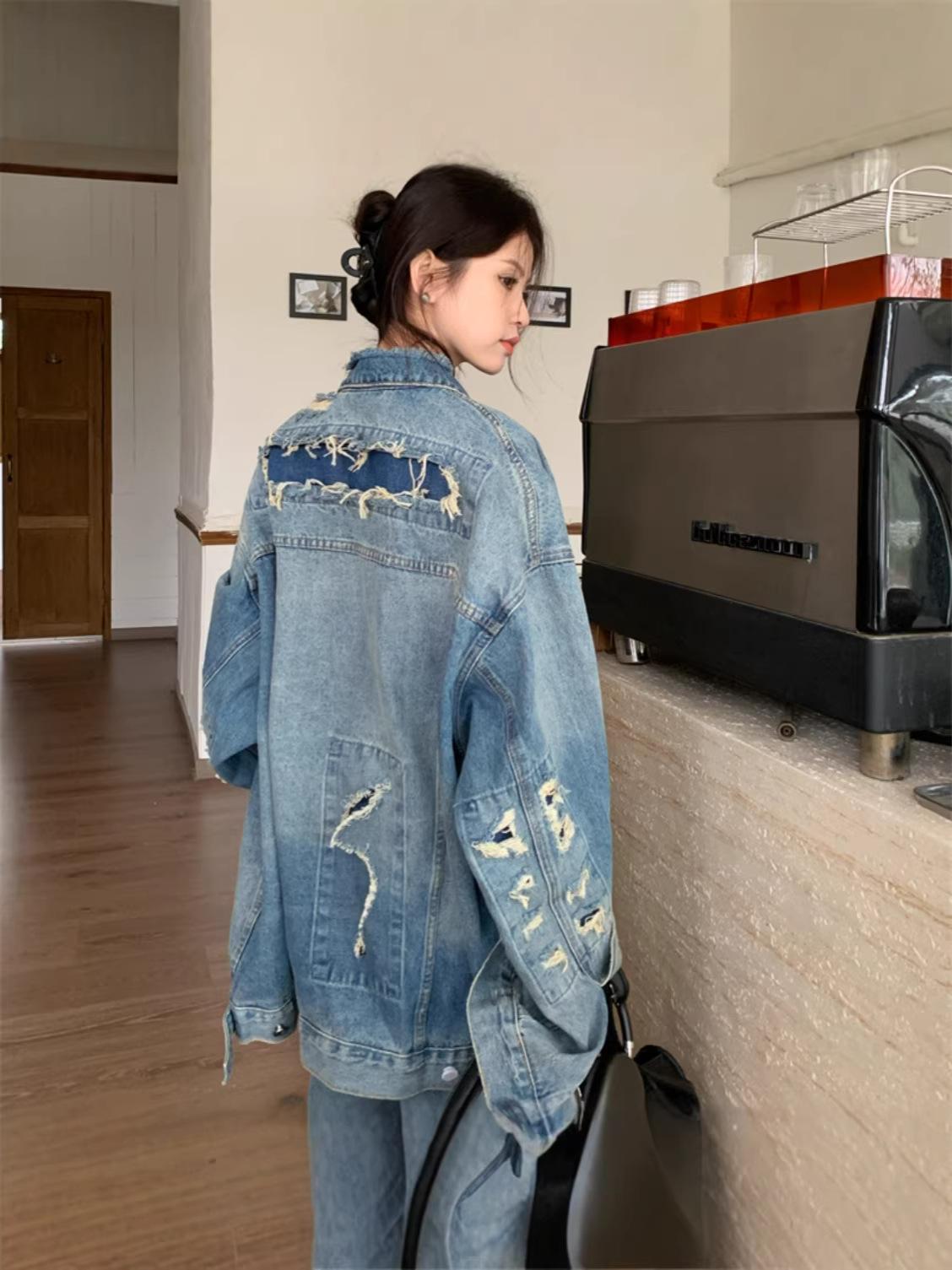 Plus Size Retro Washed Ripped Denim Jacket for Women M