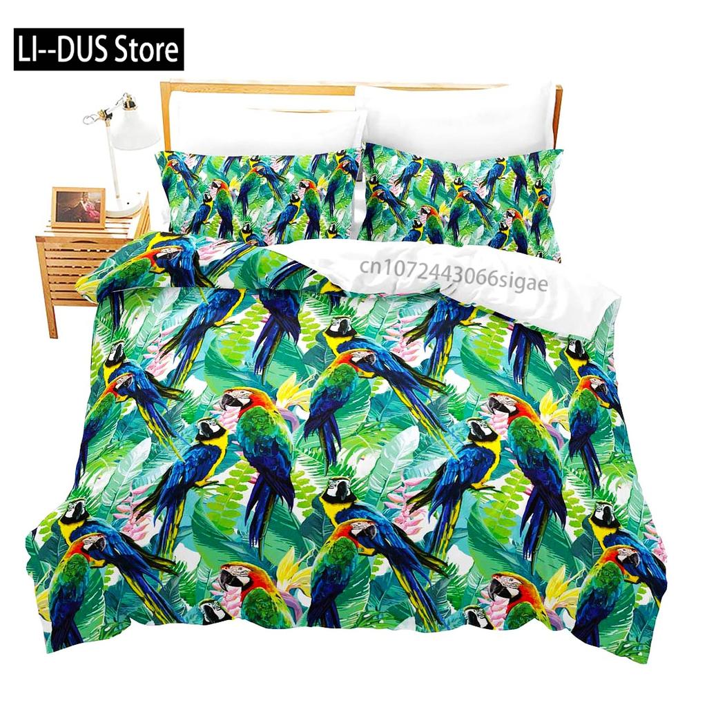 Macaws Duvet Cover Set Full Size Colorful Parrots Bedding Set 3pcs for Boys Girls Room Decor Quilt Cover with 2 Pillowcases