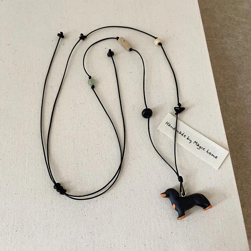 Süßer Stereo-Dackel Blume Schwarzes Seil Lange Halskette Ballonhund Anhänger Pulloverkette für Charm Design Schmuckzubehör Geschenk