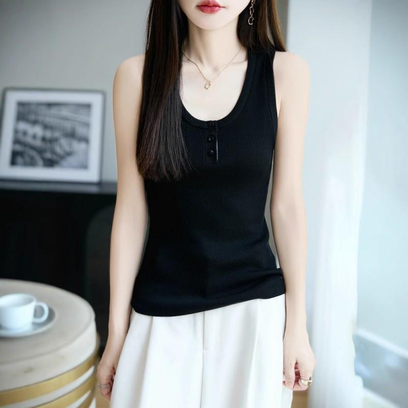 100s Fine Worsted Wool Womens U-Neck Knit Camisole Solid Slim Fit Basic Layering Top Fall