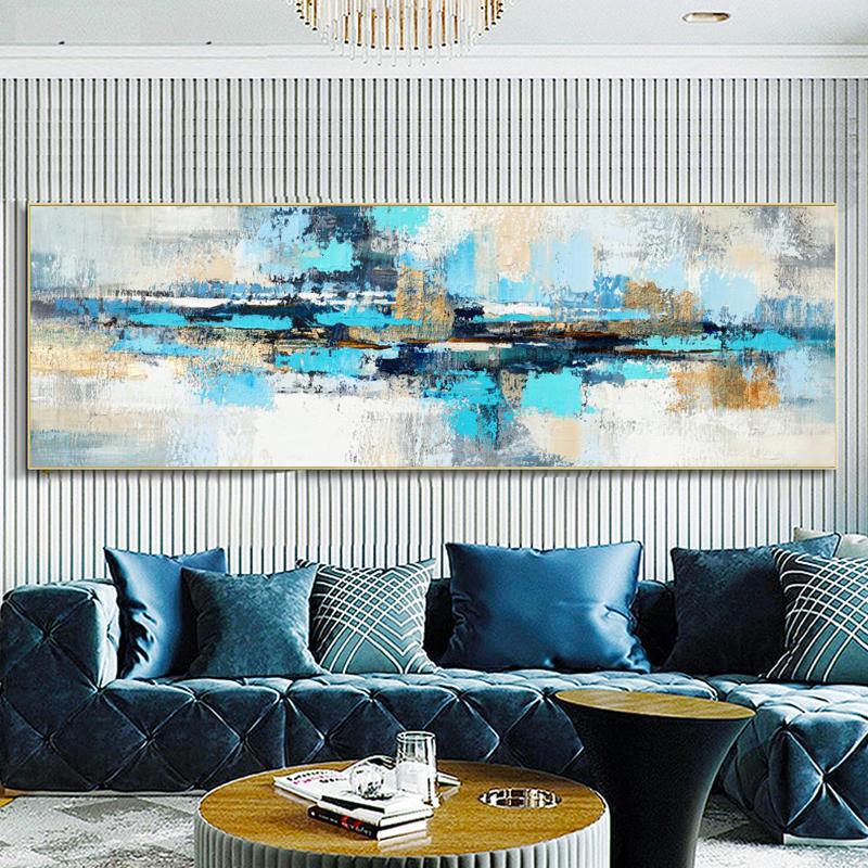 Modern Abstract Oil Painting Print On Canvas Posters Gold and Blue Original Wall Art Painting Picture for Living Room Home Decor