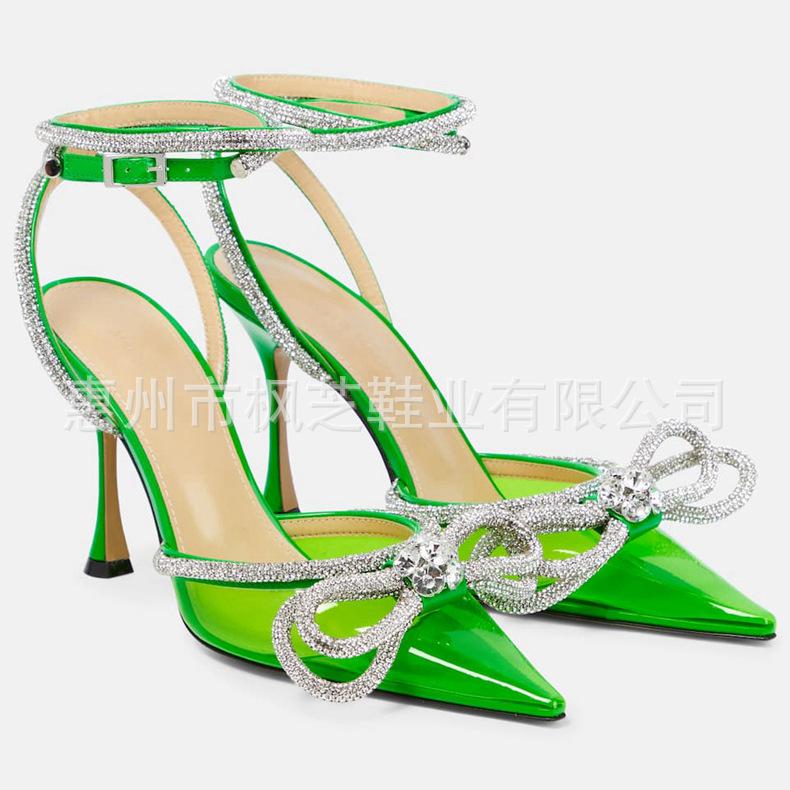 European and American bow rhinestone high-heeled sandals transparent pointed thin heel bag head high-heeled shoes fashionable and versatile customizat