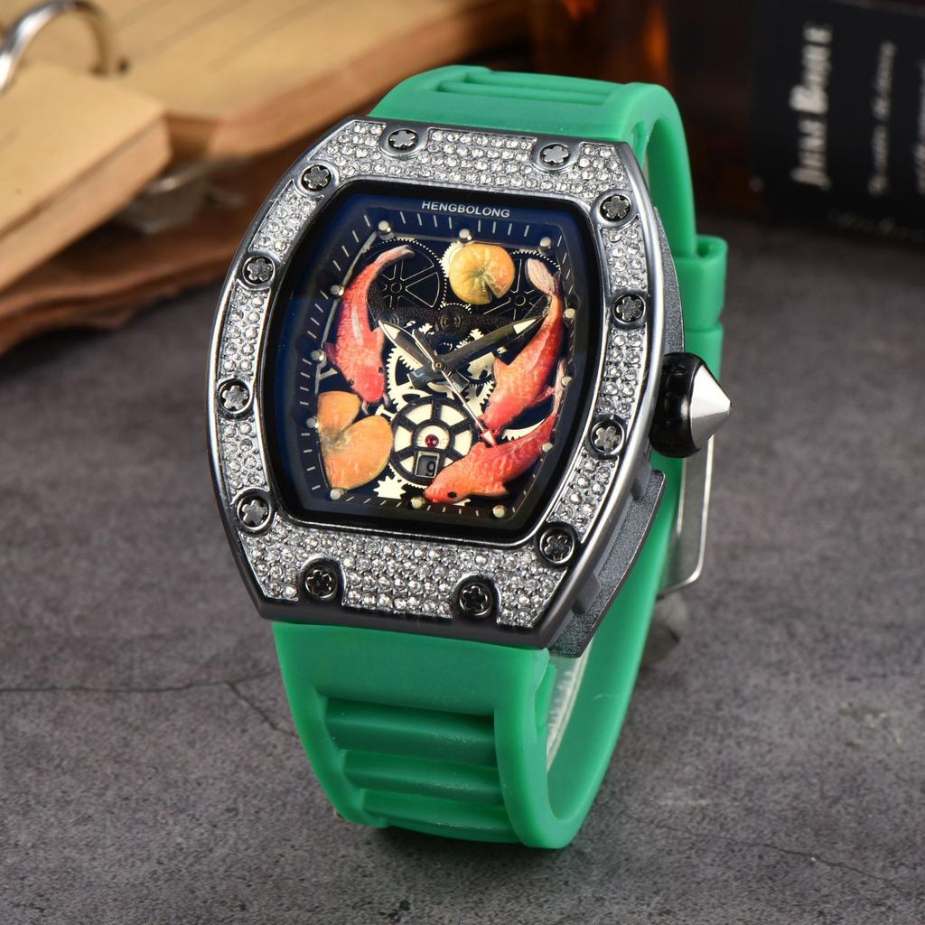 2025 Hengbolong Diamond Quartz Watch Men's Fashion Koi Pattern Strap Calendar Silicone Watch Strap