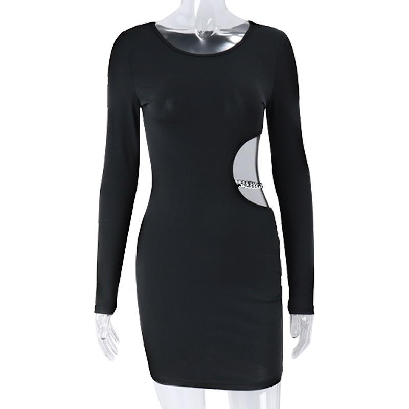 Mode Neue Slim Fit Schwarz Sexy Abendkleid Frauen Hohe Taille Hohl Metall Kette Spleißen Party Kleider für Frauen Sommer Casual Kurze kleid 25843