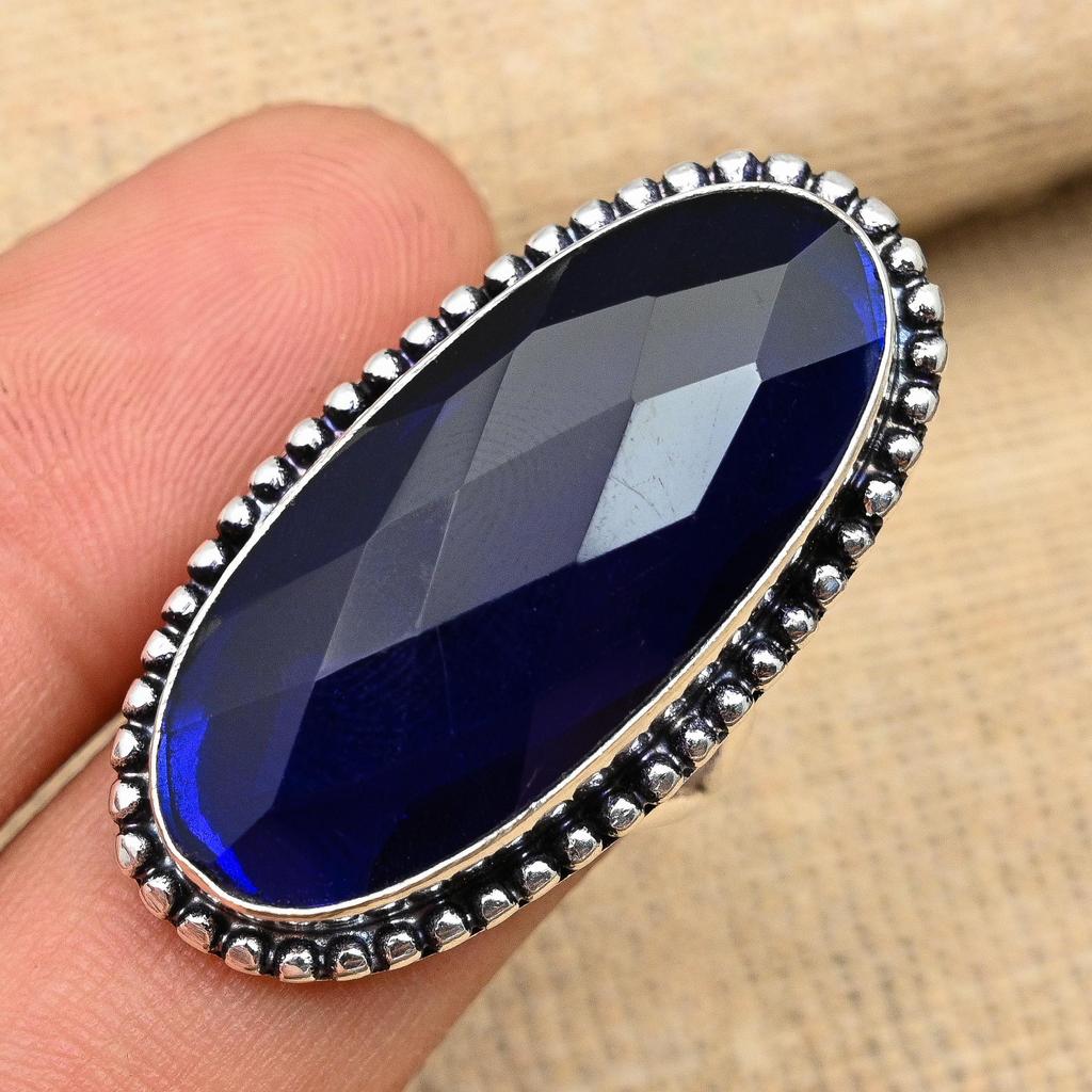 Blauer Saphir-Edelstein, 925er-Sterlingsilber, handgefertigt, erstaunlicher Schmuckring