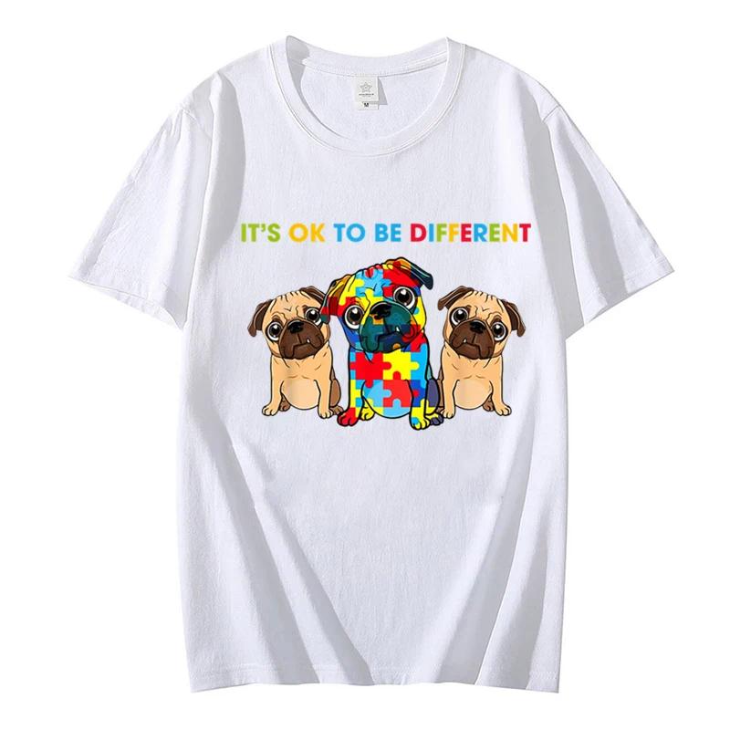 Cute Pug Dogs Its Ok To Be Different Autism Awareness Unisex T Shirt Summer Tee Shirt Streetwear Hip Hop for Kids Female Tops