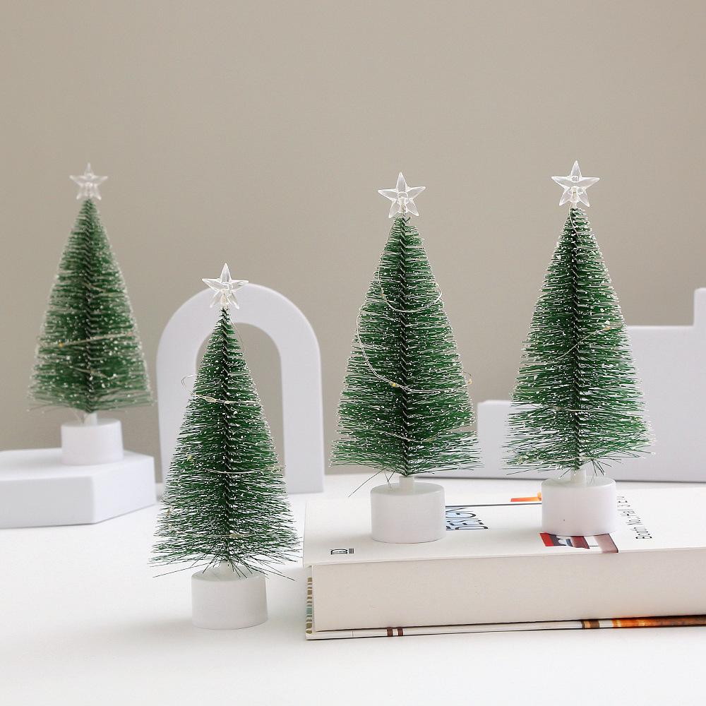 Mini Christmas Trees with LED Light Decor Tabletop Crafting DIY Christmas Gift Green Brush Trees Plastic Winter Snow Ornaments