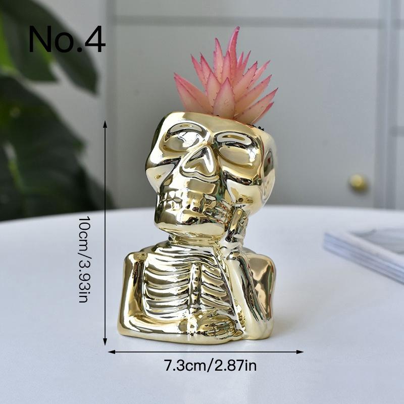 Creative Golden Skull Flower Pot Succulent Pot Ceramic Planter Home Decor Desktop Ornaments Bonsai Plant Pot Garden Decoration
