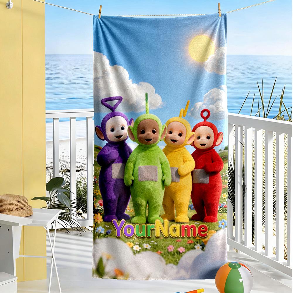 Teletubbies Personalized Text Beach Towel Super Soft Microfiber Quickdry Fabric Perfect for Traveling Yoga Camping and Swimming