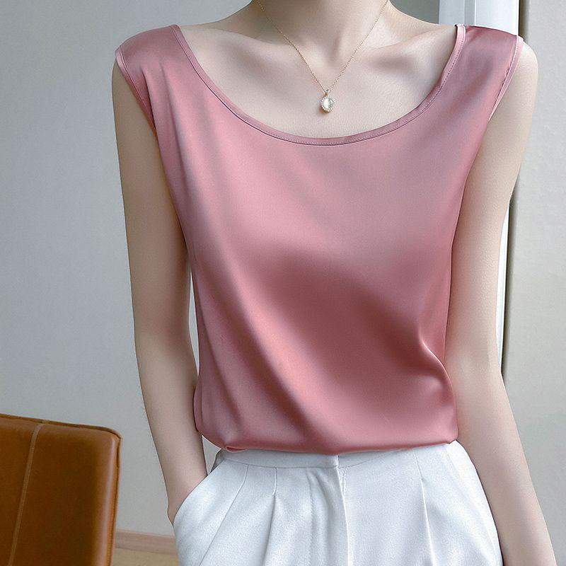 Women's Loose Silk Camisole Vest - Sleeveless Satin Round Neck Top for Summer