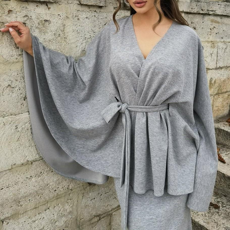 European and American Autumn/Winter Long Loose Cardigan & V-Neck Tie-Up Top with Midi Skirt Set