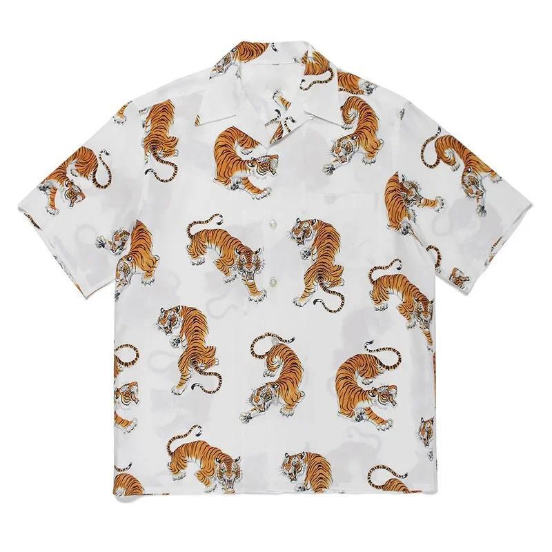 

Рубашка с принтом «Гавайский тигр» с короткими рукавами, черная рубашка для пляжного отдыха, мужская рубашка, модная винтажная мужская одежда L