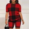 Women Plus Size Brown Blue Plaid Printed Round Neck Short Sleeve Top And Fitted Shorts Two Piece Set
