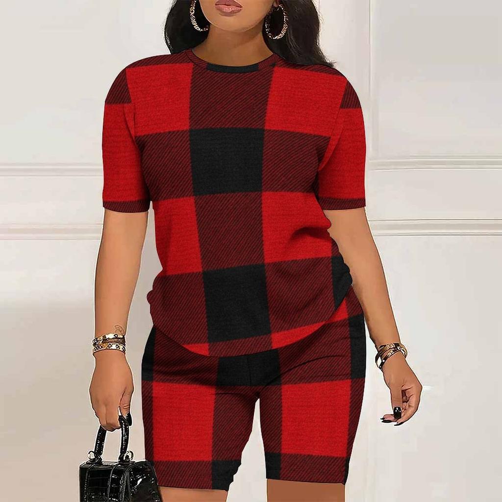 Women Plus Size Brown Blue Plaid Printed Round Neck Short Sleeve Top And Fitted Shorts Two Piece Set