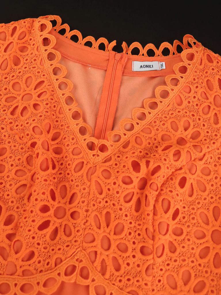 Lace Patchwork Pleated Midi Dresses for Women with V Neck Hollow Out Lantern Sleeves for Weddings Party and Special Occasions