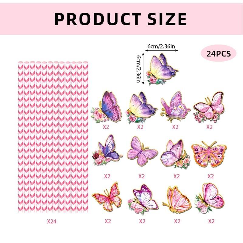 24pcs Butterfly Themed Stripe Paper Straw for Picnics Birthday Party Supplies
