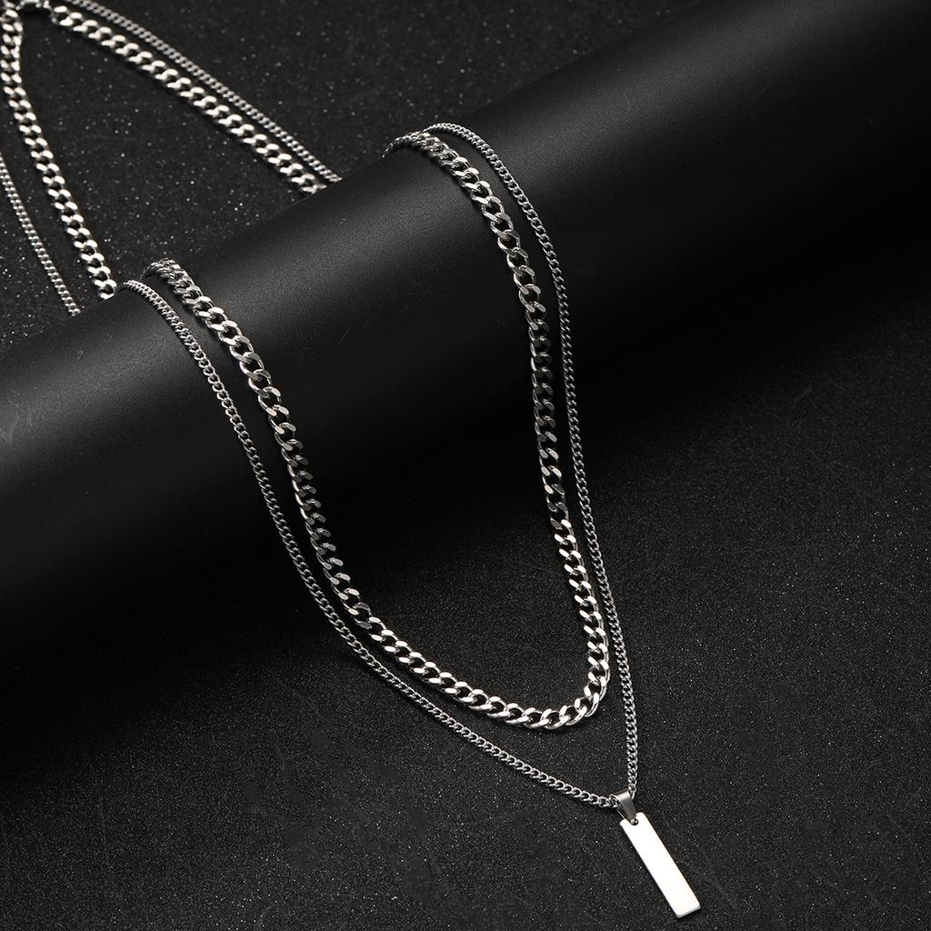 2Pcs/Set Small Hanging Tag Stainless Steel Necklace for Men Geometric Silver Color Pendant Necklace Fashion Hip Hop Jewelry Gift