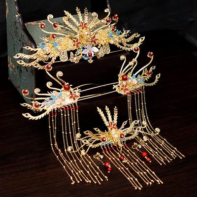 Xiuhe Clothing Headgear Step Shake Chinese Wedding Clothing Phoenix Crown Xiacheng Bride Dragon Phoenix Jacket Horse Face Skirt Head Jewelry Crown