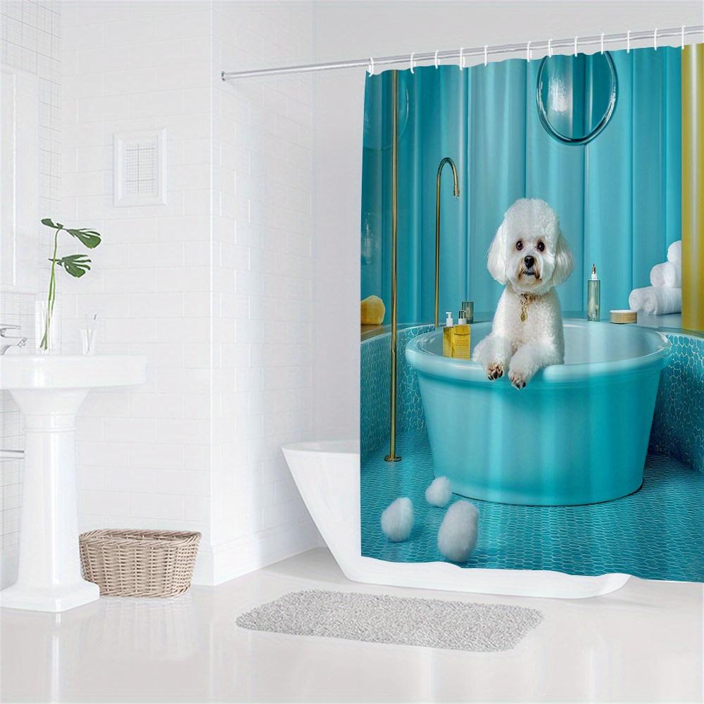 Poodle Shower Curtain 180X180Cm – Fluffy Dog In Pastel Blue Bathtub, Mosaic Tile Bathroom Decor, 12 Hooks