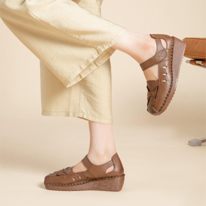 Johnature Retro Wedges Sandals Genuine Leather Breathable Shallow Soft Soled Women's Shoes