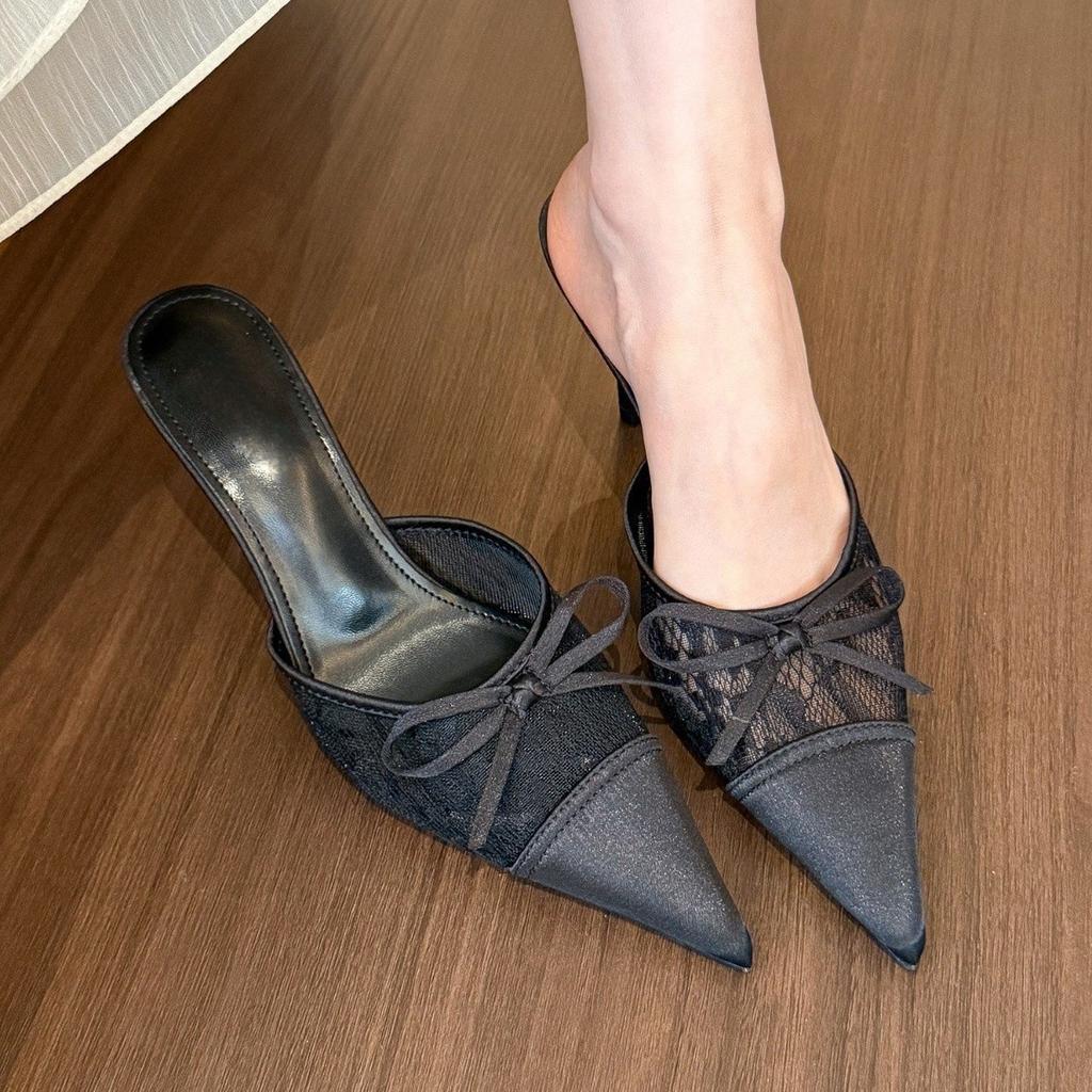 Cold and gentle feeling! Lace pointed head bow high heels women's sexy bag head half slippers