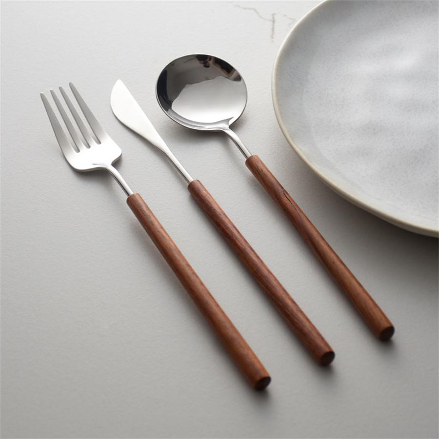 Scandinavian ins pearwood 304 mirror western tableware 304 stainless steel steak knife and fork bento rice spoon three-piece set