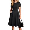 Women’s Casual Short Sleeve Midi Dress with Crew Neck and Button Waist for Everyday and Office Wear