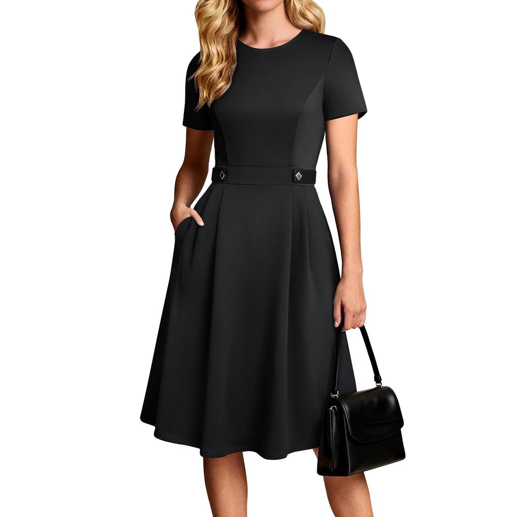 Women’s Casual Short Sleeve Midi Dress with Crew Neck and Button Waist for Everyday and Office Wear