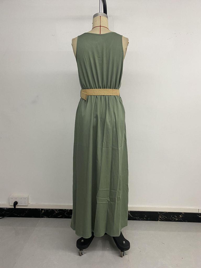 Casual Sleeveless Summer Vacation Dress with Belt and Slit - 2025 European & American Style