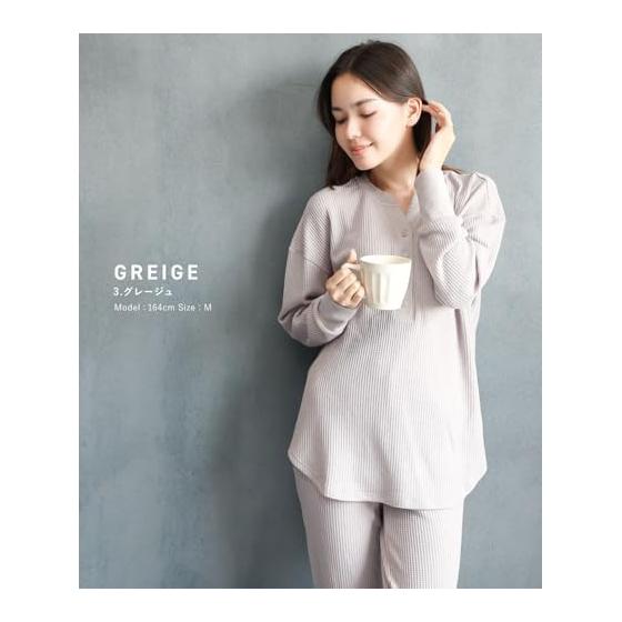 [ON NISHIKI] Women's Pajamas, Long Sleeves, Belly Wrap, Top and Bottom Set, Spring, Autumn, Waffle Fabric, Stretch, Wrinkle Resistant, Henley Neck,