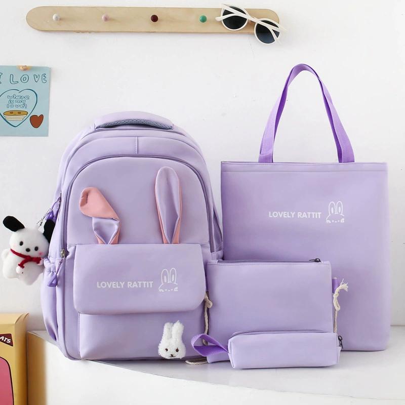 

Женский рюкзак из четырех частей большой вместимости с кроличьими ушками, школьный рюкзак для студента, рюкзак с защитой спины фиолетовый