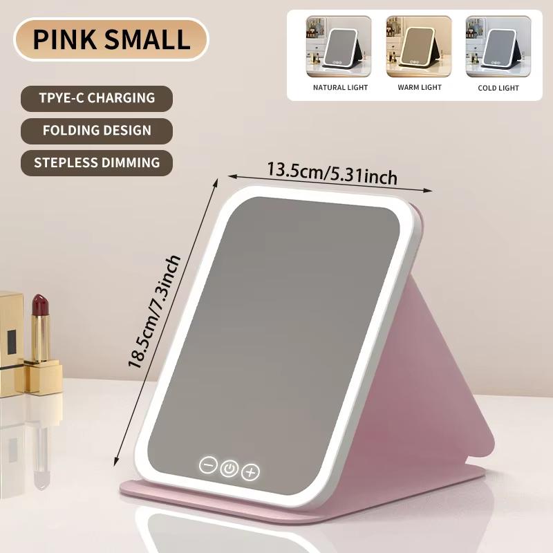 

3 colors, 18.5cm in size, 14.5cm dimmable Led makeup mirror and touch screen folding makeup mirror rechargeable desktop travel a