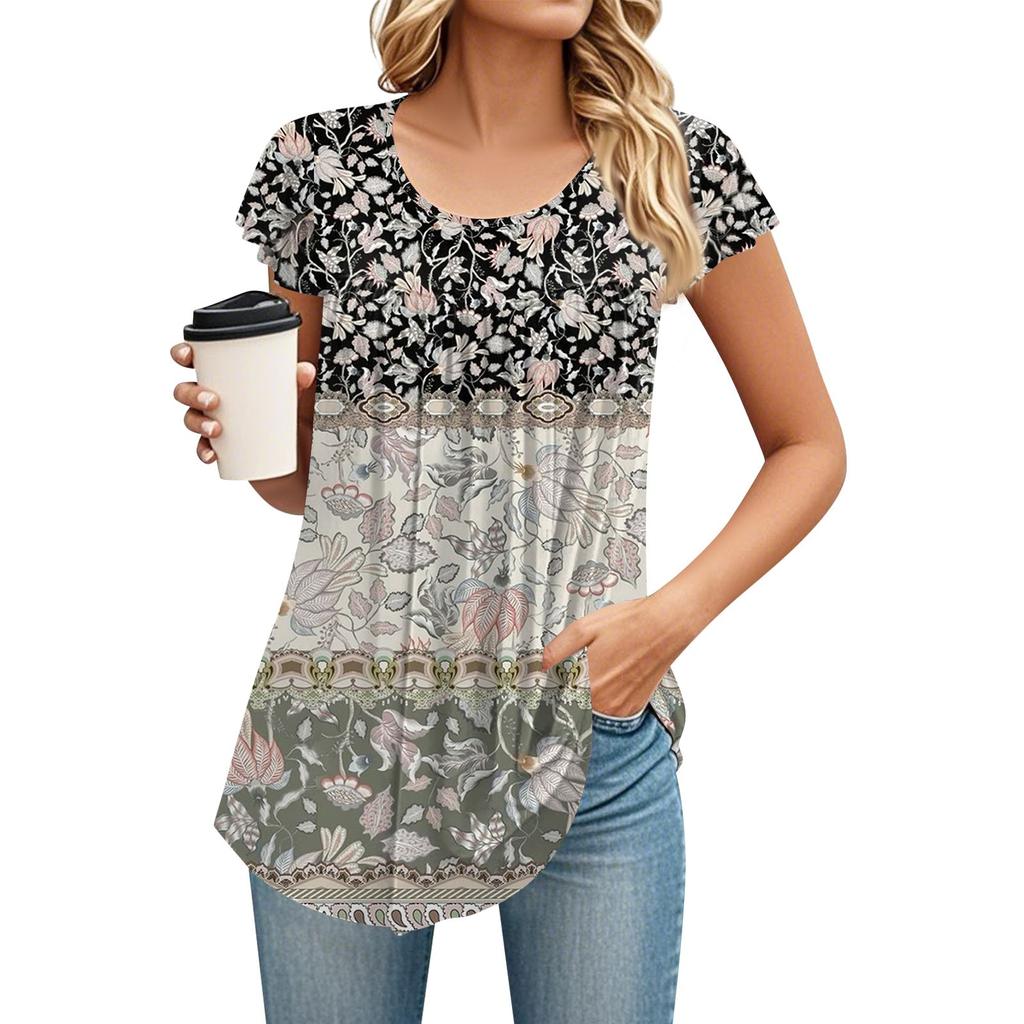 Women's Round Neck Short Sleeve Mid Length T-Shirt Loose Casual Short Sleeve T-Shirt Top
