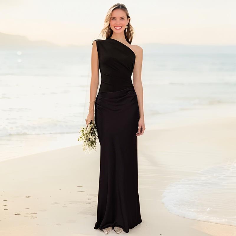 One-Shoulder Asymmetrical Satin Evening Gown Small чёрный
