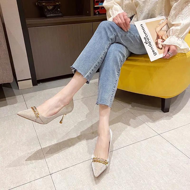Formal Luxury Leather Casual Pointed Toe Shoes For Women 2025 On Heeled Pumps Black Ladies Summer Footwear High Heels Vacation A
