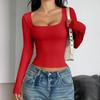 Spring Autumn Square Collar Solid Color Slim T-shirt Women Long Sleeve Y2K Elastic Bottomed Tee Pullover Top