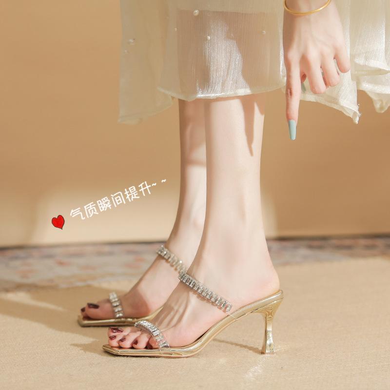 7305 [sheepskin] square head slippers for women's outer wear 2025 new transparent rhinestones with stiletto sandals