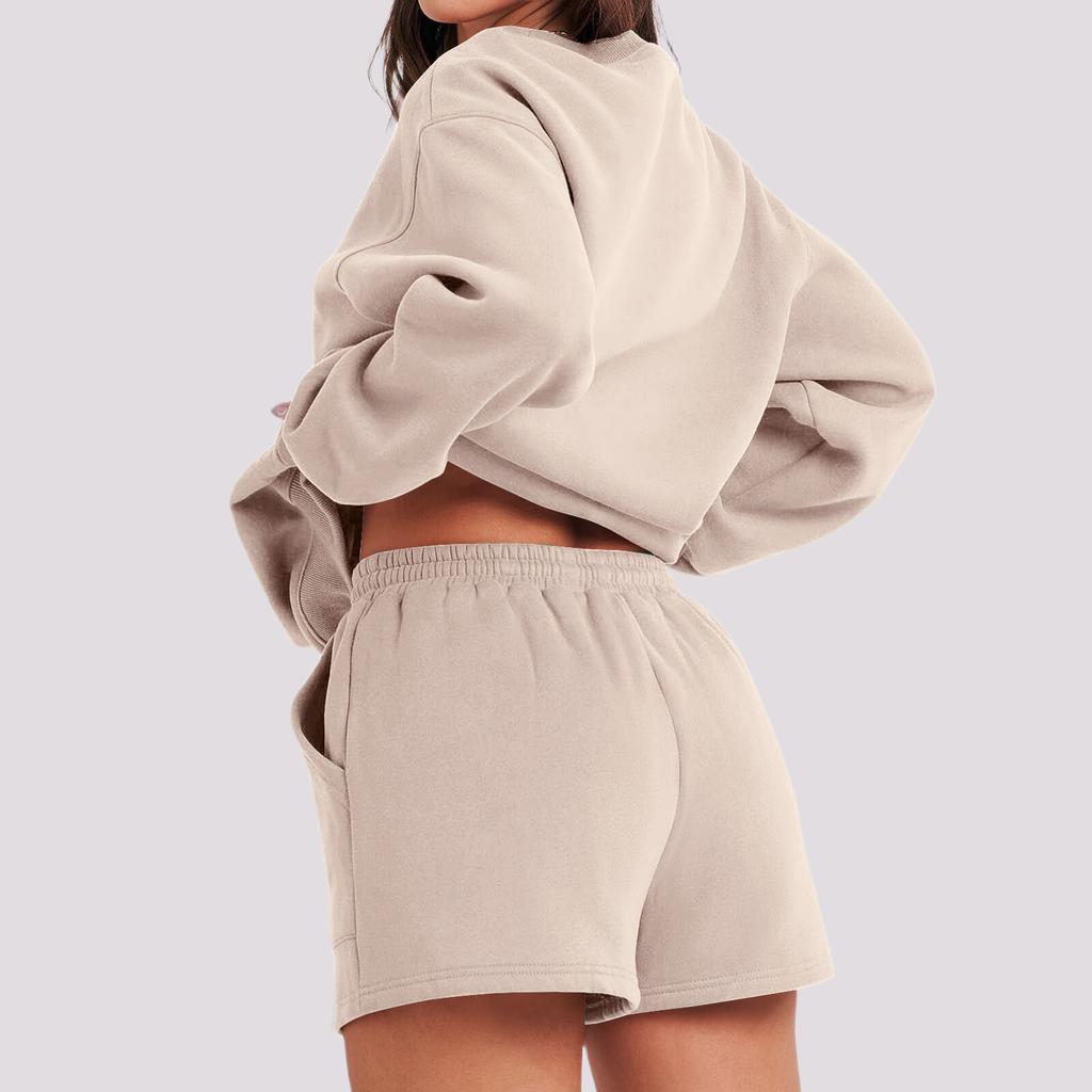 Women's Fashion Sportswear Casual Long-Sleeved Pullover Sweatshirt Drawstring Shorts Set