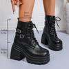 Women's Gothic Platform Chunky High Heel Ankle Boots Black Buckle Strap Lace Up Zipper Motorcycle Boots Woman Punk Style Shoes