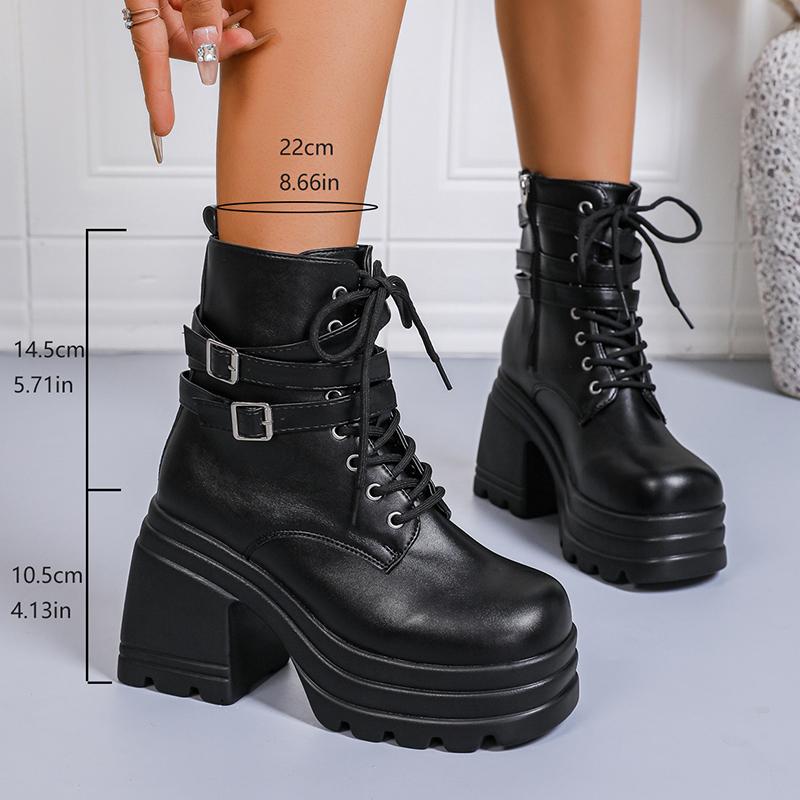 Women's Gothic Platform Chunky High Heel Ankle Boots Black Buckle Strap Lace Up Zipper Motorcycle Boots Woman Punk Style Shoes